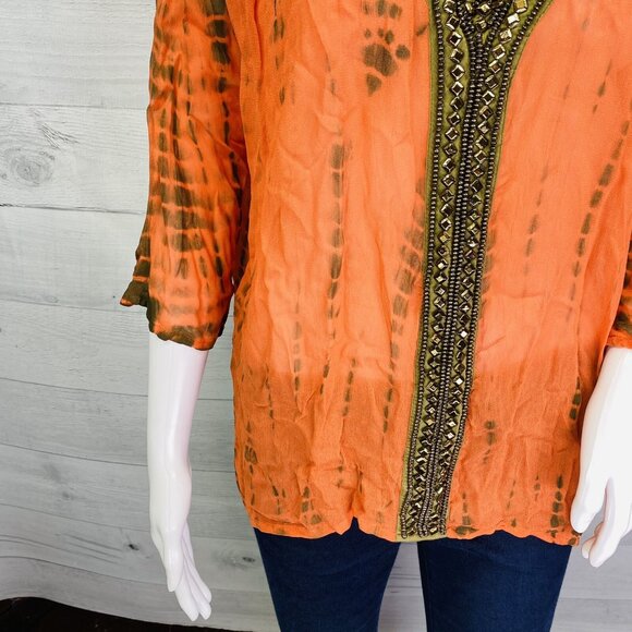 Michael Kors Switzerland Orange Brown Sheer Embellished V Neck Tunic Top Size S - Picture 11 of 16